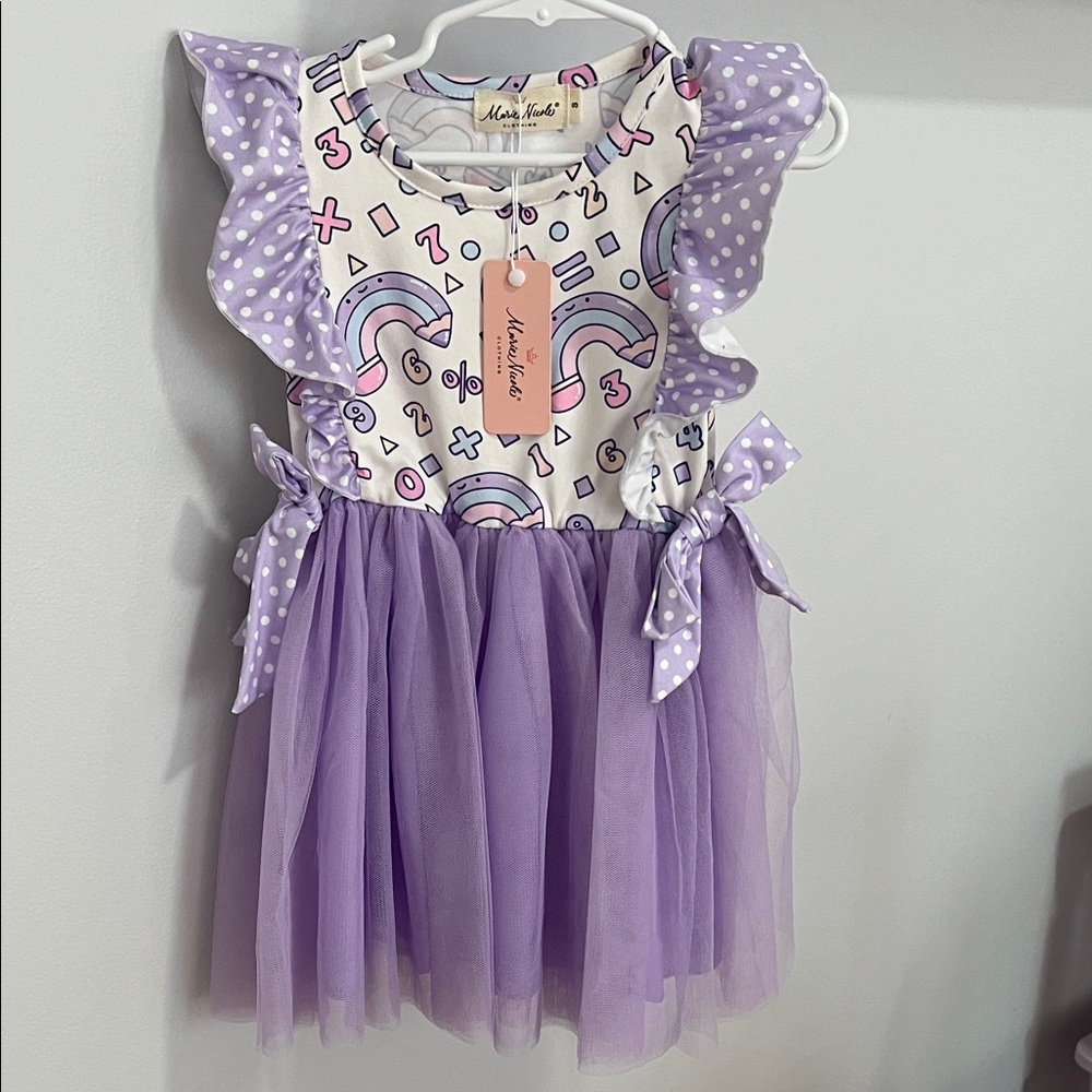 Marie Nicole Clothing Purple Ruffle Dress with Rainbow Math Print Size S/2T